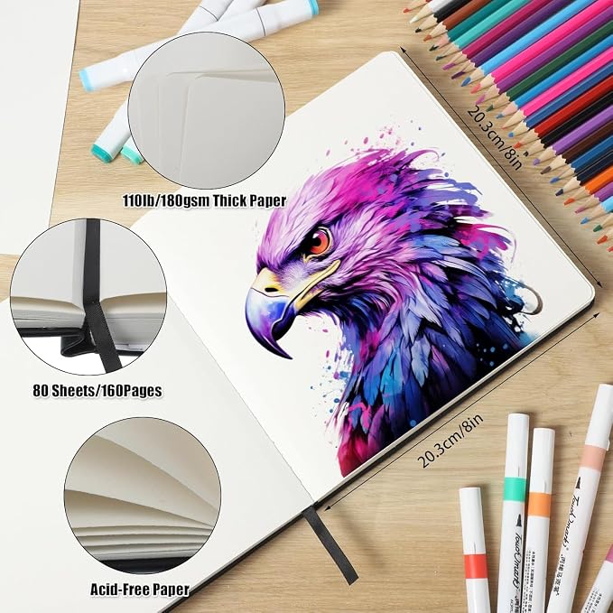 Hardcover Sketchbook 8×8 in, 180 GSM, 80 Sheets, Square Drawing Pad | Acid-Free Paper, Pu Leather Cover, Perforated Pages, Elastic Closure, Back Pocket, Flat-Lay Design