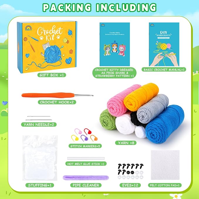 Fortuning's JDS Crochet Kit for Beginners, 3 PCS Crochet Animal Kits | w/ Step-by-Step Video Tutorials, Beginner Crochet Kit for Adults, Cat Dressed as Shark Frog Strawberry