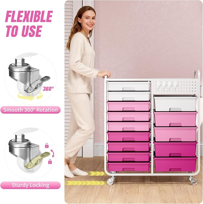 14 Drawer Rolling Storage Cart with Tabletop and Pegboard for Crafts Pink | Easy Setup, Large Capacity, Sturdy Build, Smooth Mobility, For classroom, office and dorm supplies