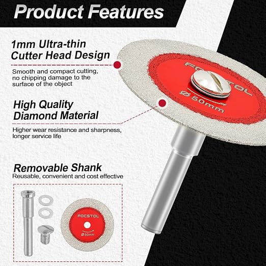 Mini Diamond Glass Cutting Disc - FOCSTOL 5pcs 2 Inch(50mm) Blade and 1pc 1/4 Inch(6mm) Round Shank for Glass Jade Marble Granite Artificial Stone Porcelain Tile Ceramic