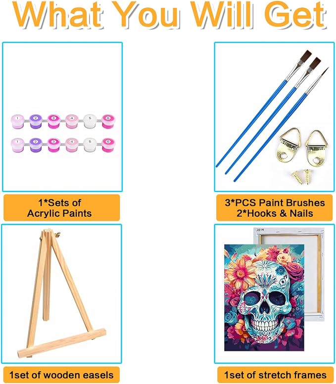 Meothan Framed Paint by Numbers Kits for Adults 12x16in with Wooden Easel | Skull Paint by Number on Canvas, DIY Skull Flowers Acrylic Oil Painting Kits with Brushes for Home Wall Decor (30x40cm)