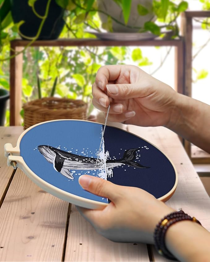 TINDTOP Embroidery Kit for Beginners Adult, Whale Embroidery Practice Kit | Include Embroidery Cloth Hoops Threads for Craft Lover Hand Stitch with Embroidery Skill Techniques