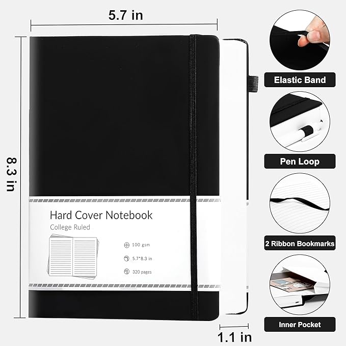 CAGIE Journal Notebook for Women Men Leather Journaling Diary Daily, Black