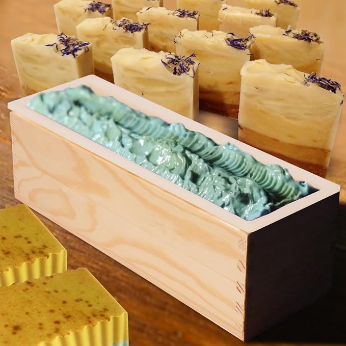 Artisan Soap Loaf Wood Box for Soap Making White 4 Packs 42oz Premium Silicone Loaf Soap moldss with Wooden Box and Lid - Ideal for Large Size Homemade Soaps, Flexible and Heat Resistant