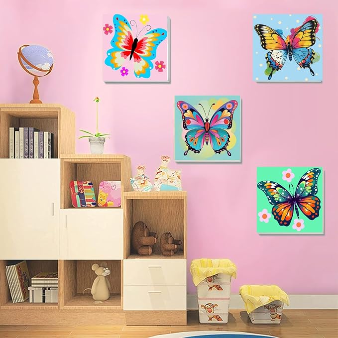 MXCFZX 6 Pack Butterfly Paint by Number for Kids with Wooden Frame,Easy Paint by Numbers for Kids Ages 4-8-12 Children DIY Acrylic Oil Painting by Number Kits for Home Wall Decor 8x8 Inch