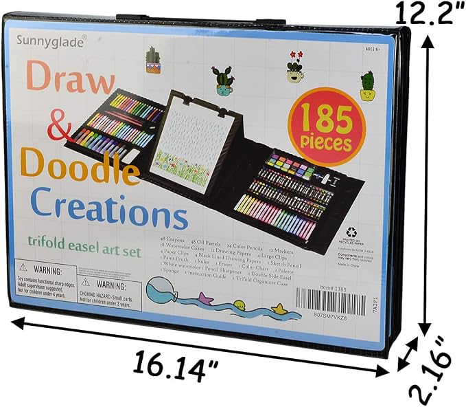 Sunnyglade 185 Pieces Double Sided Trifold Easel Art Set Art Supplies Black | Art Kit Drawing Art Box with Oil Pastels, Crayons, Colored Pencils, Markers, Paint Brush, Watercolor Cakes, Sketch Pad