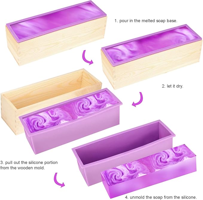 ZOENHOU 3PCS 42oz Soap Molds, Flexible Rectangular Silicone Soap Making Molds Kit with Wood Box DIY Tool Set for Soap Making Supplies