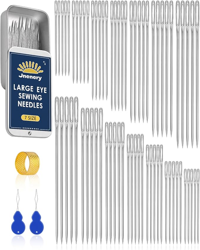 70 Pcs Hand Sewing Needles, 7 Size Large Eye Sewing Sharp Needles | Leather Embroidery Thread Needle, Stainless Steel Yarn Knitting Needle with Threader, Thimble for Repair, Quilting