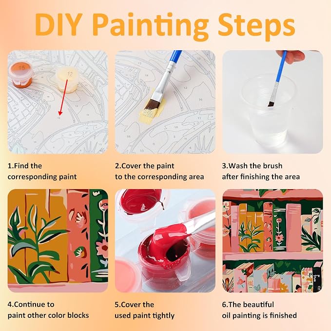 Mandun Book Shop Paint by Numbers Kit for Adults, 3 Pack, 7.8x11.8 inch | DIY Painting Kits Crafts for Adults, Relieve Stress, Frame Canvas, Wooden Easel, Gift Box, Home Wall Decor
