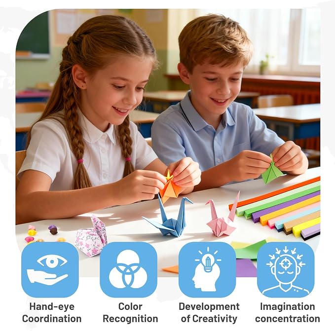 AluAbi Origami Paper Kit 500 Sheets & 1350 Star Strips for Kids 5-12