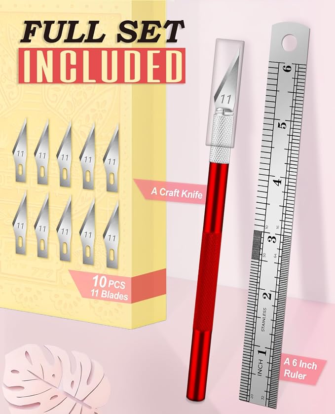 DIYSELF Hobby Knife Set with 10 Extra #11 Blades, 15cm Metal Ruler for Art | Hobby Knife Set for Model Making, Pottery, Paper & Vinyl Projects, Exacto Knife for Crafting, Artists & Hobbyists, Red
