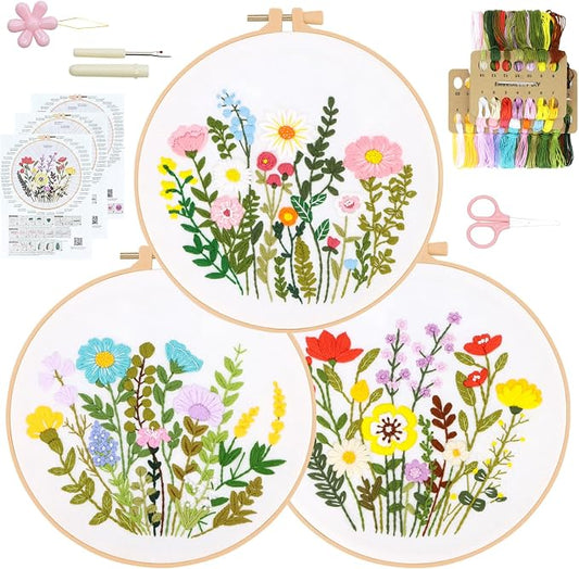 RidaaFri Embroidery Kit for Beginners, Set of 3 Flower Pattern Practice Kit | Adult DIY Hand Embroidery Cross Set with Step-by-Step Guide Video Tutorial Hoop Needles Floss, Complete Sewing Craft Supplies