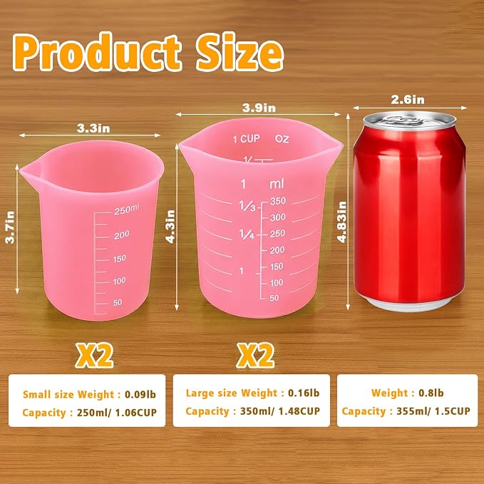 Palksky Silicone Cups for Melting Chocolate, 4PCS Pink Silicone Measuring Cups with 1 Cup & 1.5 Cup Capacity, Reusable Baking Supplies for DIY Chocolate Molds, Melting Chocolate