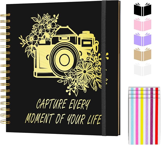 Scrapbook Album 8x8 inch, Travelling Journal Scrap Book Family Scrapbook Scrapbooking Supplies Kits Gift for Couples Anniversary Wedding (black, 8 x 8 inch)