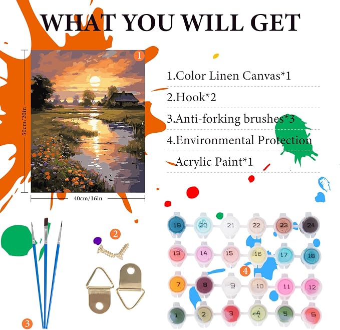 Paint by Numbers Kit for Adults Beginner 16x20 Inch, Countryside Sunset | DIY Acrylic Painting by Numbers Riverside Cabin Landscape, Without Frame Canvas, Stress Relief Craft Kits, Home Decor Gift