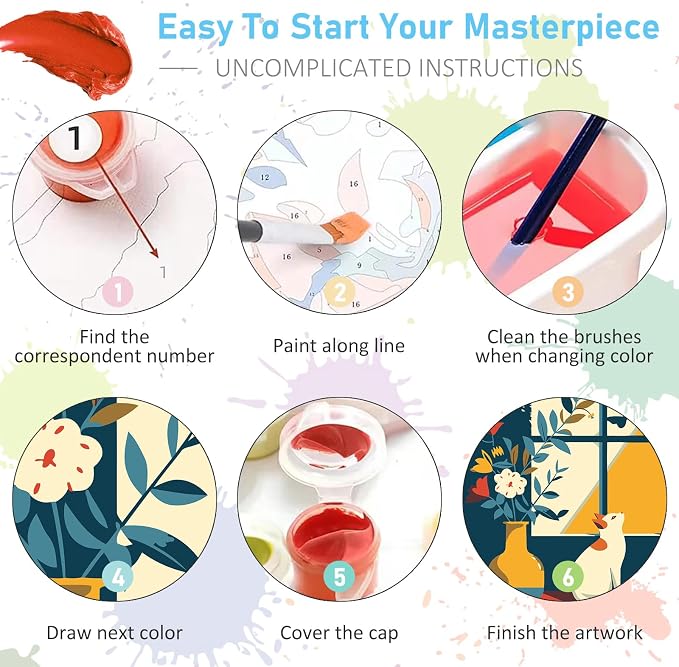 Offito 6 Pack Paint by Numbers Kit for Adults, Flowers Vase Cat, 10x14 Inch | Acrylic Number Painting Set, DIY Canvas Art Craft Kit, Beginner Friendly, Home Wall Decor, Stress Relief Relaxing Hobby Gift