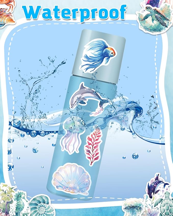 AOWDIAO 100 Pcs Ocean Stickers Cute Sea Creature Vinyl Stickers Gifts for Kids Party Crafts Favors Ocean Animal Stickers for Water Bottles Laptop Decor