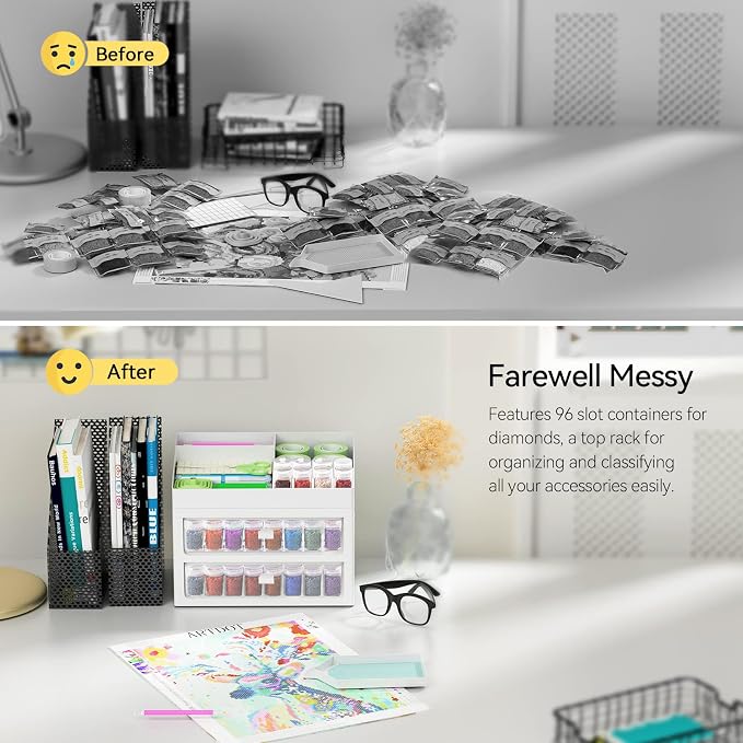 ARTDOT Storage Containers for Diamond Painting Accessories, 2 Drawers with 96 Slots Bead Storage Bottles and Diamond Art Accessories and Tools Rack