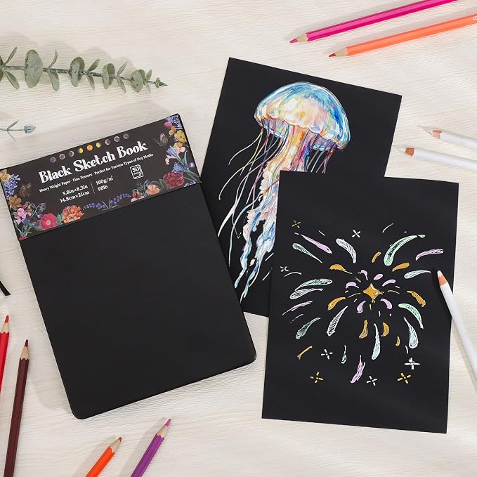160gsm Black Paper Sketchbook 5.8 × 8.3 in, 50 Sheets Black Paper Notebook