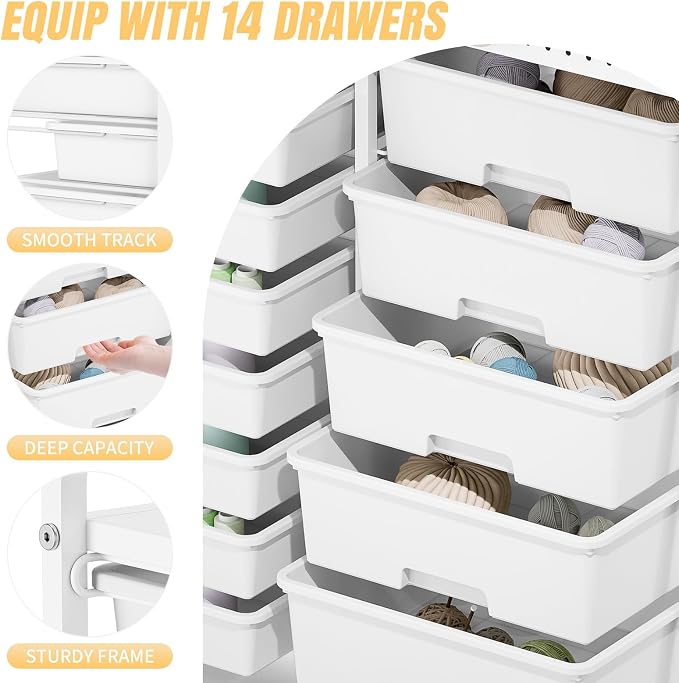 14 Drawer Rolling Storage Cart with Tabletop and Pegboard for Crafts White | Easy Setup, Large Capacity, Sturdy Build, Smooth Mobility, For classroom, office and dorm supplies