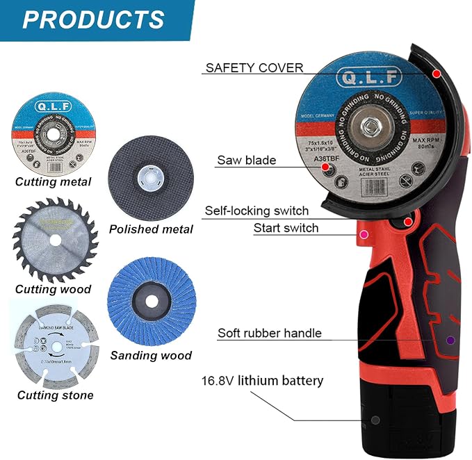 ZFULVO Cordless Angle Grinder Kit 19500RPM Mini Electric Metal Grinding | 2pcs 16.8V 2000mAh Battery with 6-Cutting Disc, 3inch Mini Angle Power Tool, Grinder Handheld Cutter for Metal Wood Grinding