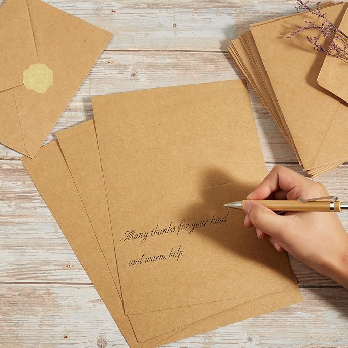 50 Pack Kraft Paper A7 Envelopes with Cards and Gold Stickers, 5x7