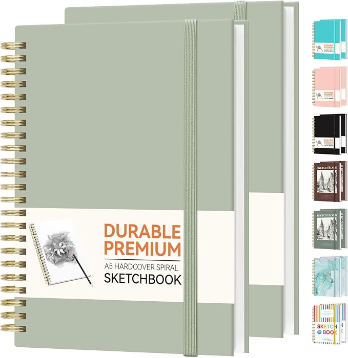 Forvencer 2 Pack Blank Spiral Notebook, 8"x 5.6"Hardcover Sketch Book | 100GSM Thick Paper,Art Sketchbook for Women&Adult, 100 pages/50 Sheets Drawing Book Journal for School Office Drawing, Green