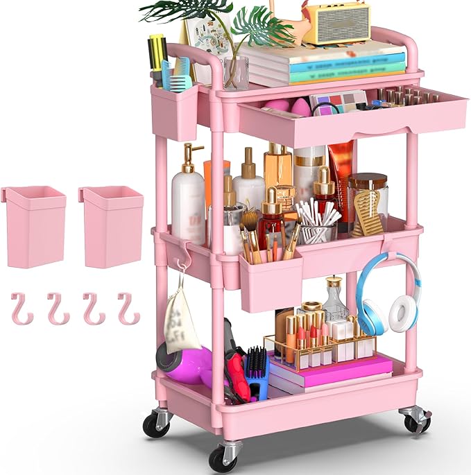 Goovilla 3 Tier Rolling Utility Cart Organizer with Removable Drawer, Pink | Stable and Sturdy Rolling Storage Carts with 2 Lockable Wheels for Bathroom, Kitchen, Snack, Craft, Makeup, Baby Essentials