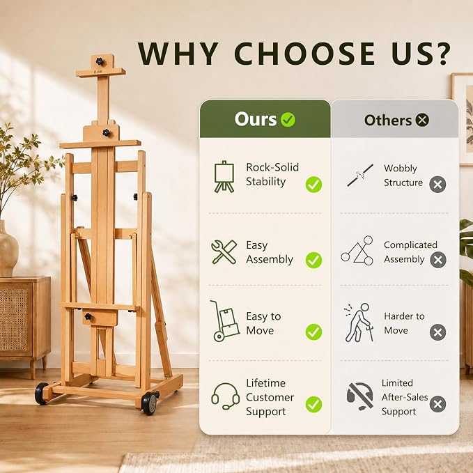 DJAR Large H-Frame Painting Easel for Adults, Solid Beech Wood, Natural | Movable & Tilting Flat Floor Stand, Holds Canvases up to 78", Adjustable Heavy Duty Studio Art Easel for Artists