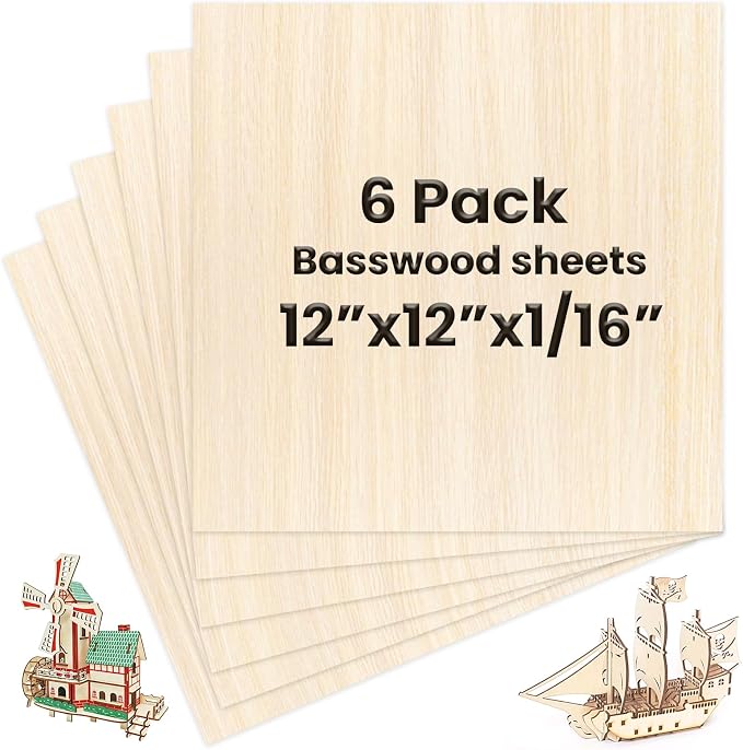 6 Pack Basswood Sheets 12 x 12 x 1/16 Inch Thin Wood Sheets for Crafts