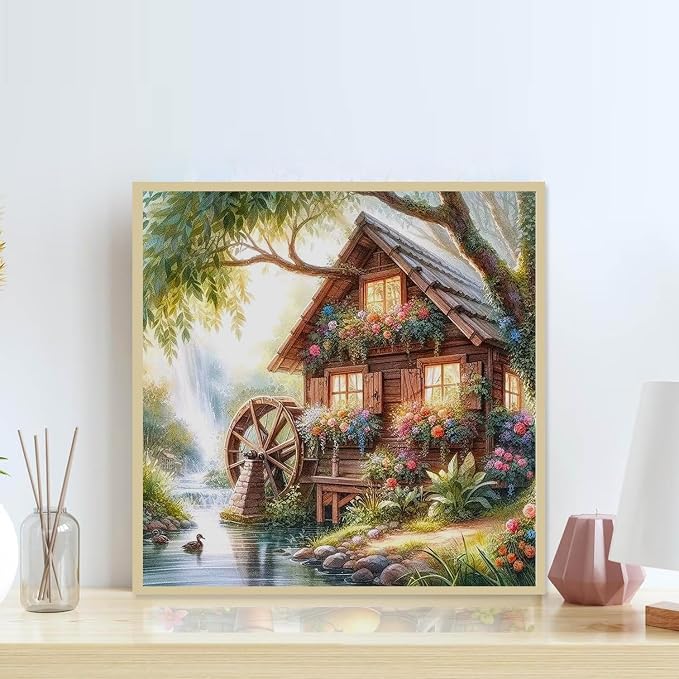 Accompany Wind Countryside Diamond Art Kits for Adults,5D Water Wheel Diamond Painting Kits for Beginners,DIY Round Full Drill Diamonds Gem Art Crafts for Home Wall Decor Gifts 14x14 Inch