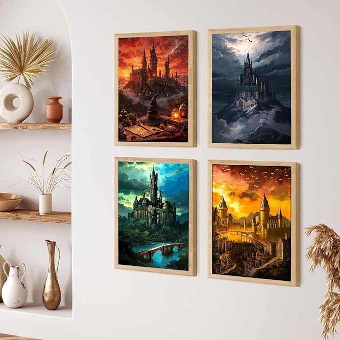 4 Pack Castle Paint by Numbers Kit for Adults Framed Canvas Frameworkless | Easy Adult Paint by Number Kits on Canvas DIY 4 Pack Castle Painting for Beginners Art by Numbers for Home Wall Decor Gift