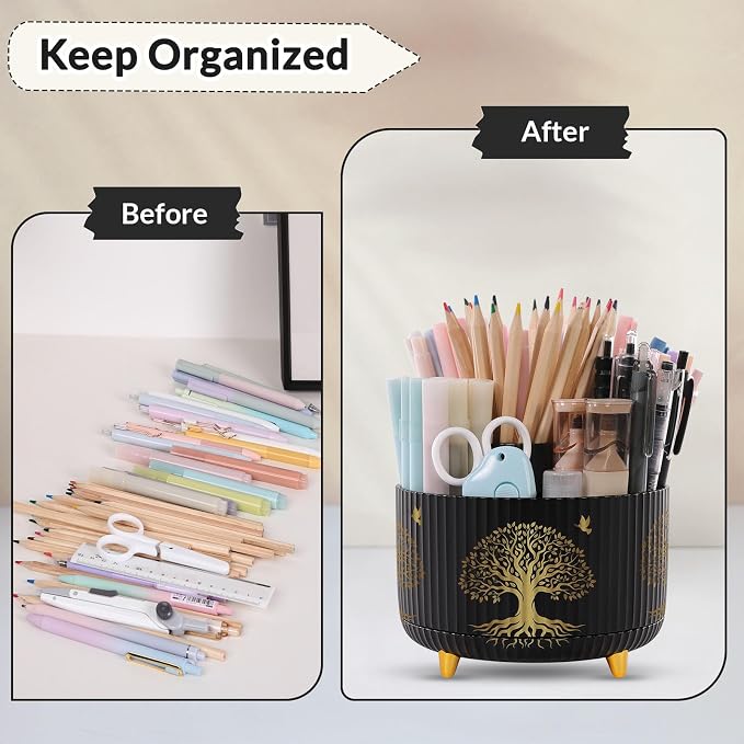 SKYDUE 360 Degree Rotating Pen Holder for Desk with 5 Slots,Tree of Life | Pen Organizer with 5 Slots, Office Supplies, Desk Organizer, Art Supply Pencil Cup for Office, School, Home
