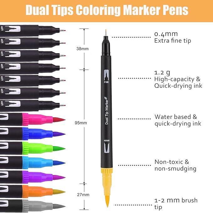 Orange & Yellow Double Tip Brush Pens Art Markers,12 Colored Artist Fine Brush Pen Coloring Markers for Adult Drawing Art Craft Kit
