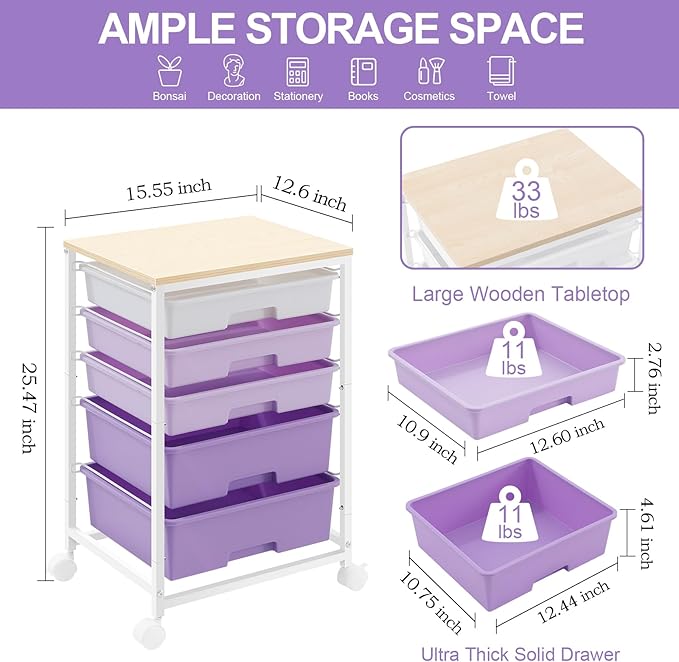SYKIARIOL Utility Cart with 5 Drawers with Wooden Top,Purple | 5-Tiers Storage Cart with Drawers with Lockable Wheels for Craft Organizers and Storage,Home Office,Classroom,Dorm ,Playroom