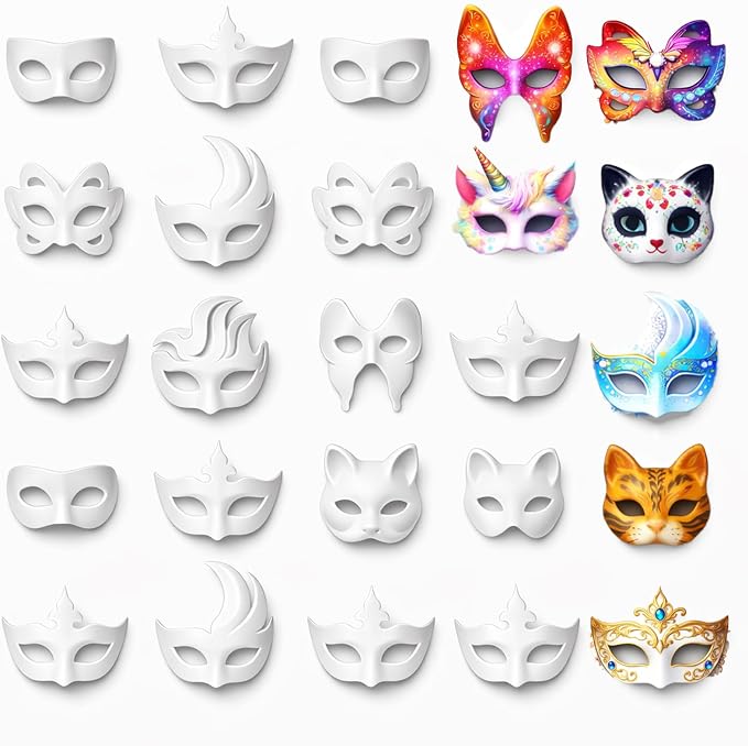 42 Pcs Blank Paper Mache Masks DIY Masquerade Masks Paintable Craft Masks | For Party, Art Projects & School Activities, Theater, Halloween, Cosplay, Couples, Mardi Gras, Half-Face Masks White 7 Styles