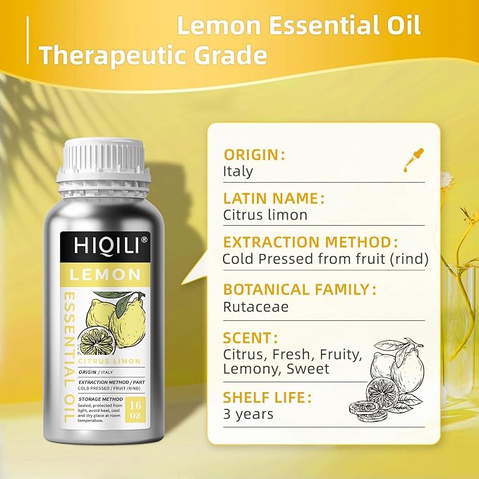 HIQILI Lemon Essential Oil for Cleaning, Skin & Diffuser