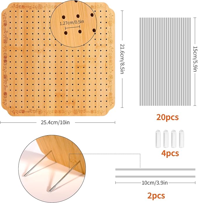 CraftyManor 10 in Blocking Boards for Crochet Projects with Rose Pattern, Crochet Blocking Board with Pegs, Granny Square Blocking Board with 20 Stainless Steel Pegs, Bamboo