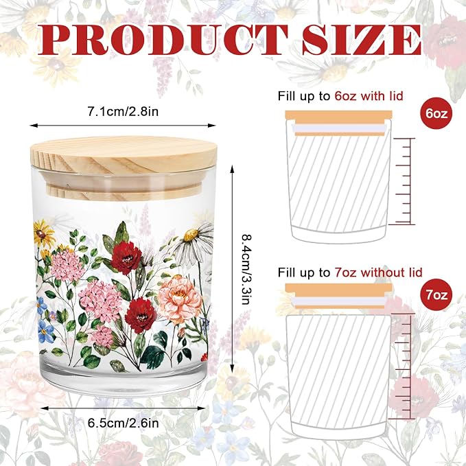 Whaline 12Pcs Wildflower Empty Candle Jar with Wooden Lid 7 oz Spring Floral Glass Candle Container for Candles Making Storing Kitchen Table Centerpiece Decoration