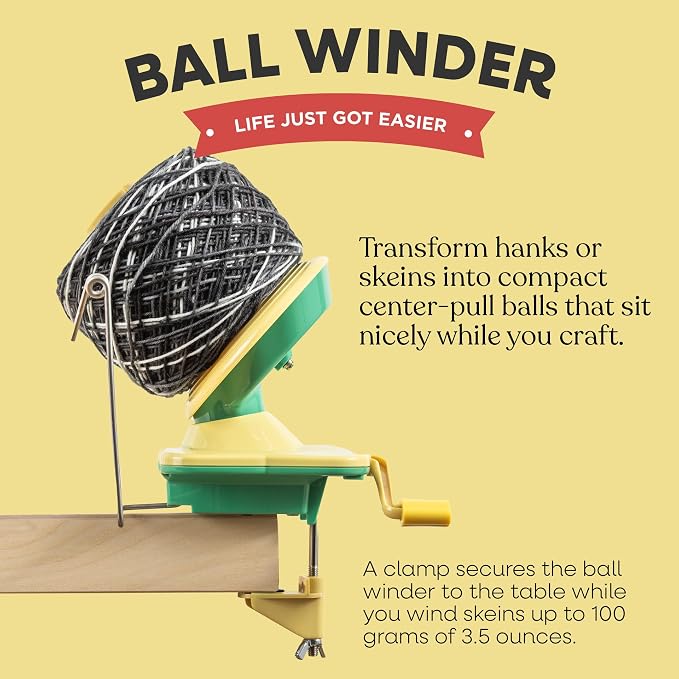 Knit Picks Yarn Ball Winder for Knitting and Crocheting (Yellow) | Manual ball winder that winds up to 100g or 3.5 ounces of yarn into a cake