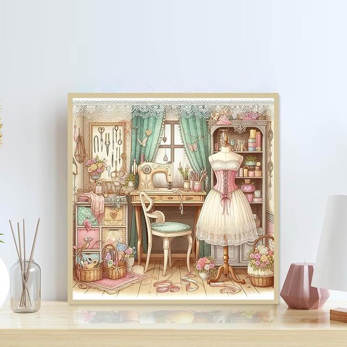 Accompany Wind Sewing Room Diamond Art Kits for Adults, Sewing Machine Diamond Painting Kits for Beginners,5D DIY Round Full Drill Diamonds Gem Art Crafts for Home Wall Decor Gifts 14x14 Inch