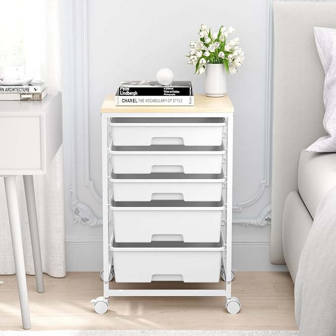 SYKIARIOL Rolling Cart with Drawers, 5 Drawers Utility Cart, Bright White | 5-Tiers Storage Cart with Drawers with Wooden Top for Craft Organizers and Storage,Home Office,Classroom,Dorm