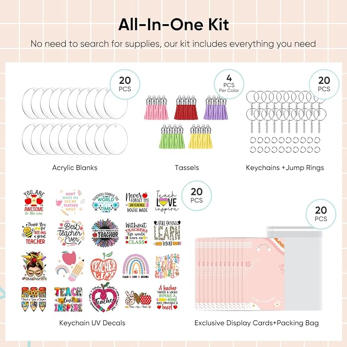 YOPPIX 140 PCS Acrylic Keychain Blank Set, Teachers Double-Sided UV DTF Stickers Acrylic Keychain Making Kits for Vinyl DIY Craft Project