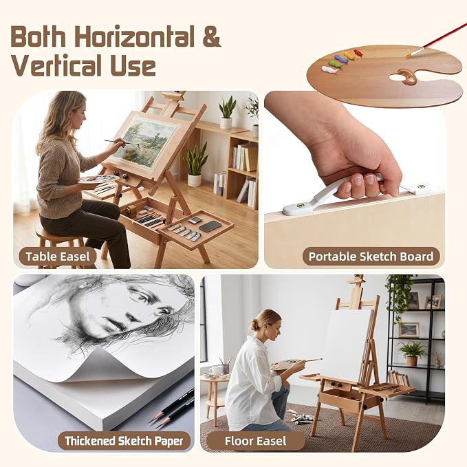 Beech Wood H-Frame Easel for Painting with Tray & Drawer, Natural