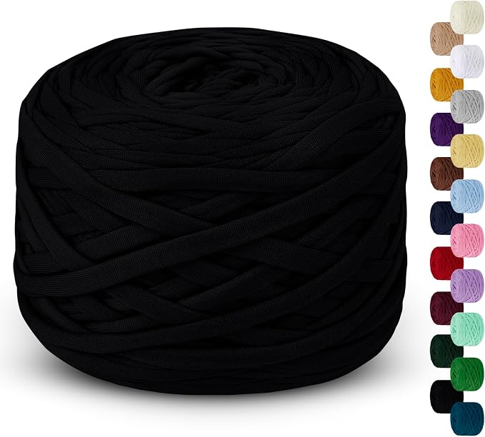 285g T Shirt Yarn for Crocheting 109 Yards Elastic Ribbon Thick Crochet Fabric Knitting T-Shirt Yarn for Crochet Bag, Blanket, Basket, DIY Projects, Home Decor (Black)