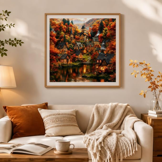 DOTSTART Diamond Painting Kits for Adults, Autumn House Diamond Art Kits | Fall Forest Paint by Diamonds, Full Drill Round Diamond Gem Art Painting, Home Wall Art Decor, 13.78 x 13.78 inch