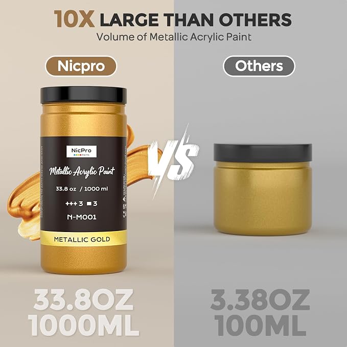 Nicpro Acrylic Paint Metallic Gold, 33.8oz/1000ml Large Gold Leaf Paint | Non Toxic, Non Fading for Art Painting, Handcrafts, Ideal for Multi-surface, Canvas, Wood, Clay, Fabric, Metal, Furniture