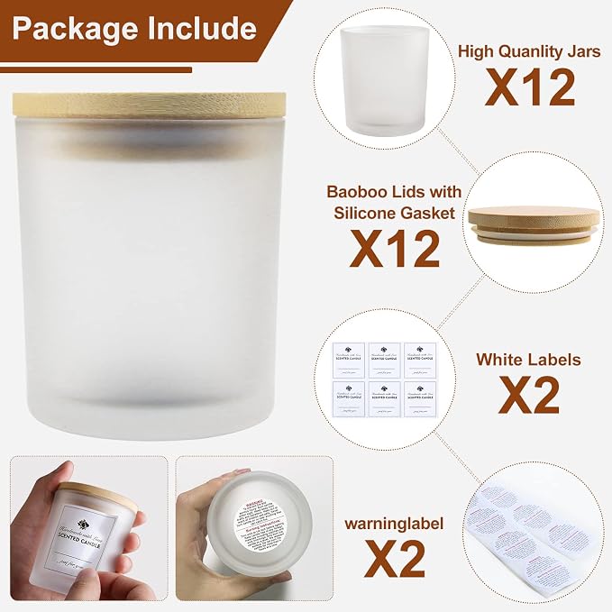 CONNOO 12-Pack 10 oz Frosted Glass Candle Jars with Bamboo Lids | For Making Candles, Empty Candle Tins with Wooden Lids, Bulk Clean Candle Containers, Dishwasher Safe