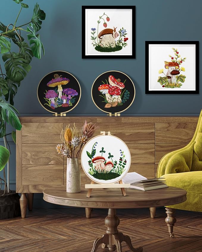 Embroidery Kit for Adult, 5 Sets Mushroom Embroidery Kit for Beginners | Include Embroidery Cloth Hoops Threads for Craft Lover Hand Stitch with Embroidery Skill Techniques