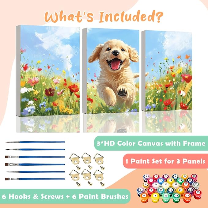 3 Piece Paint by Numbers Kit for Kids Easy Kid Paint by Number Kits Ages 8-12 Dog DIY Painting Kits for Kids Age 4-8 Beginner Paint by Number Canvas with Frame Children Color by Numbers Kit 8x12 Inch